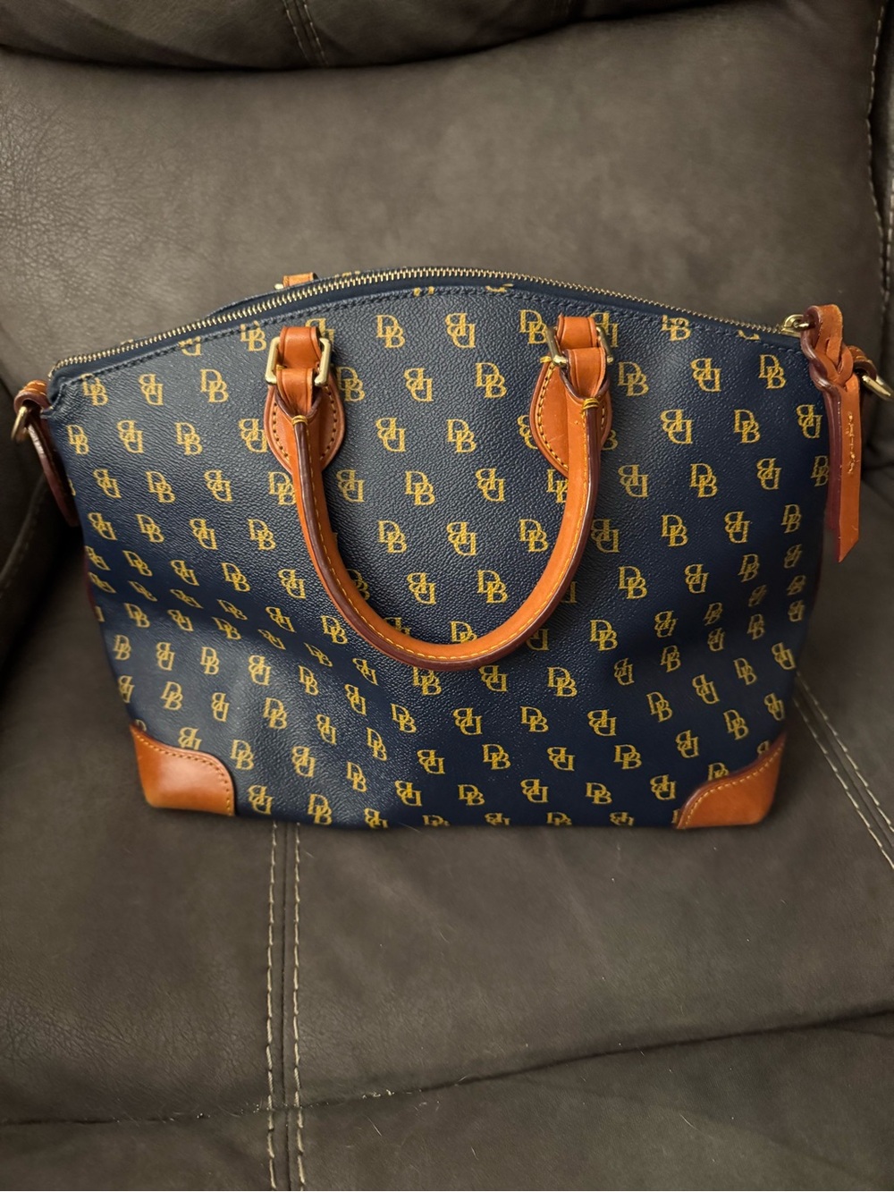 Dooney & Bourke Navy Logo Dome Satchel with Brown Trim - Picture 3 of 16